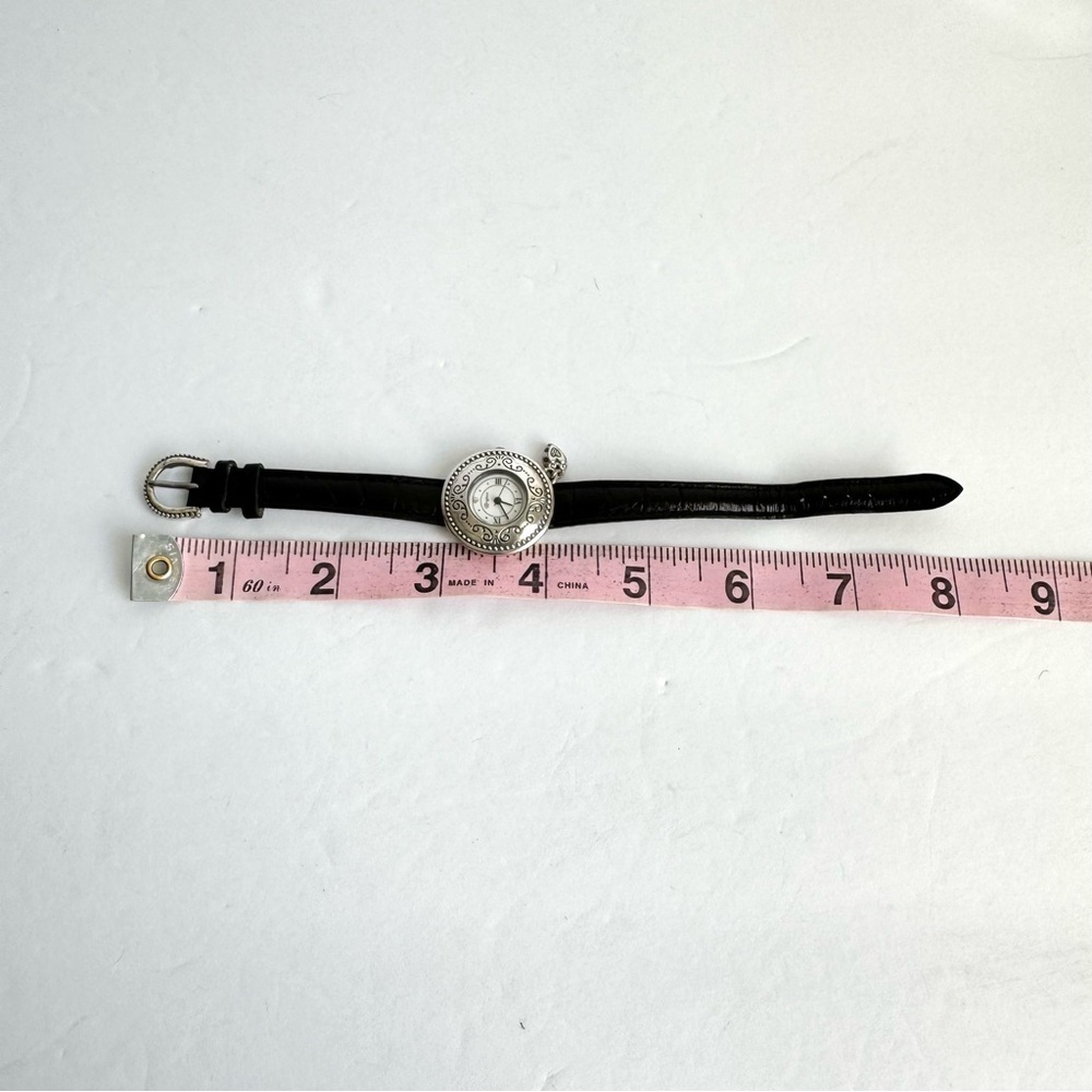 Vintage Brighton Watch Silver Tone‎ Black Leather Band Western Swirl Heart Charm - Picture 7 of 8